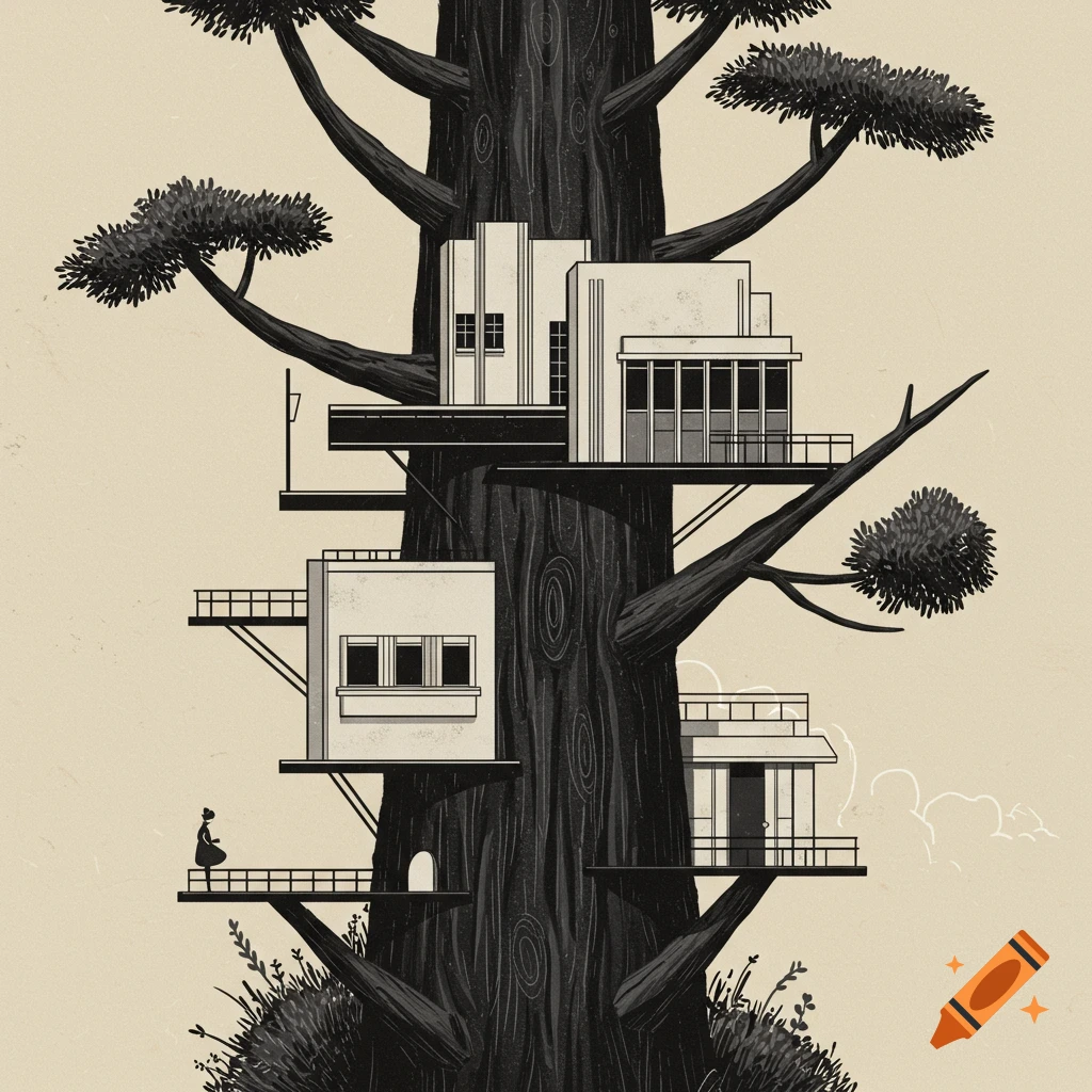 A black and white illustration of an Art Deco treehouse built into a large tree with a person on a platform.