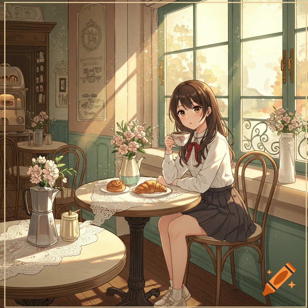 Anime girl drinks coffee in a sunny French cafe with pastries.