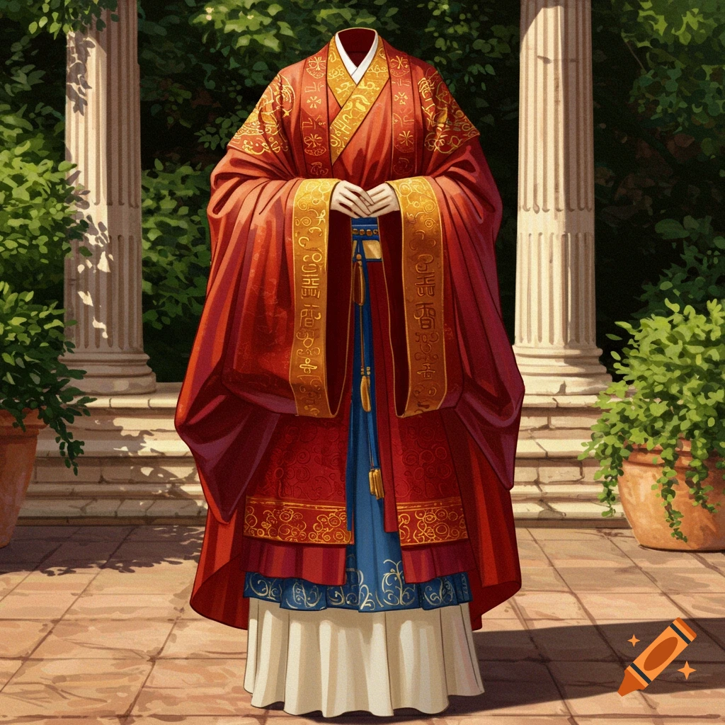 A headless figure wears an ornate red, gold, blue, and white layered robe in an outdoor setting with pillars.