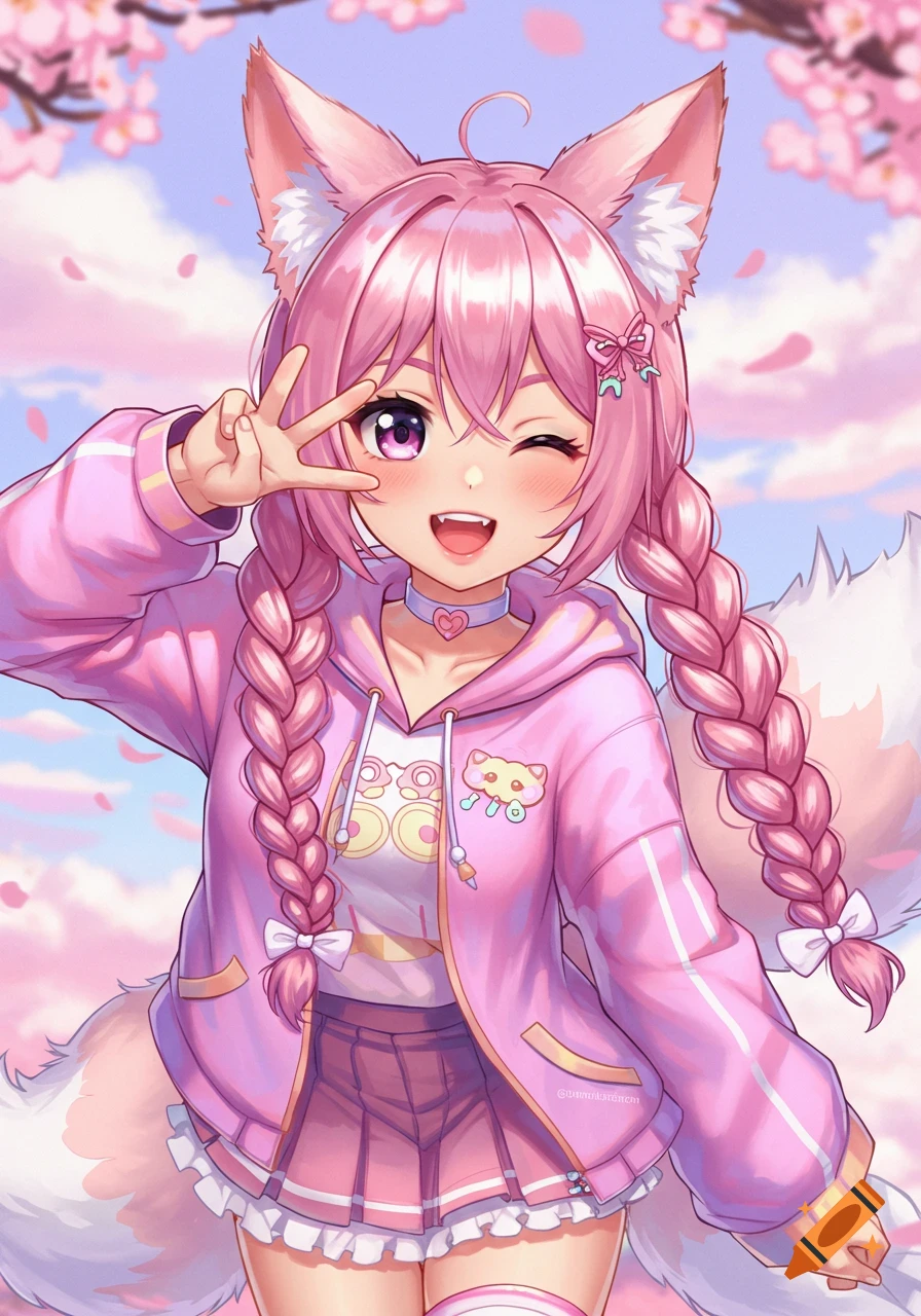 A pink-haired anime girl with fox ears and tail, wearing a pink hoodie, skirt, and knee socks, makes a peace sign under cherry blossoms.