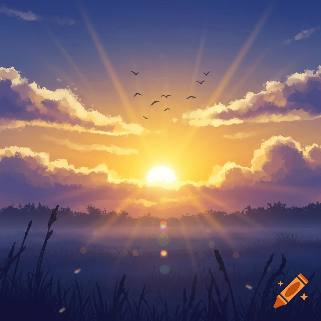 Illustrative sunrise over a misty field with birds flying.