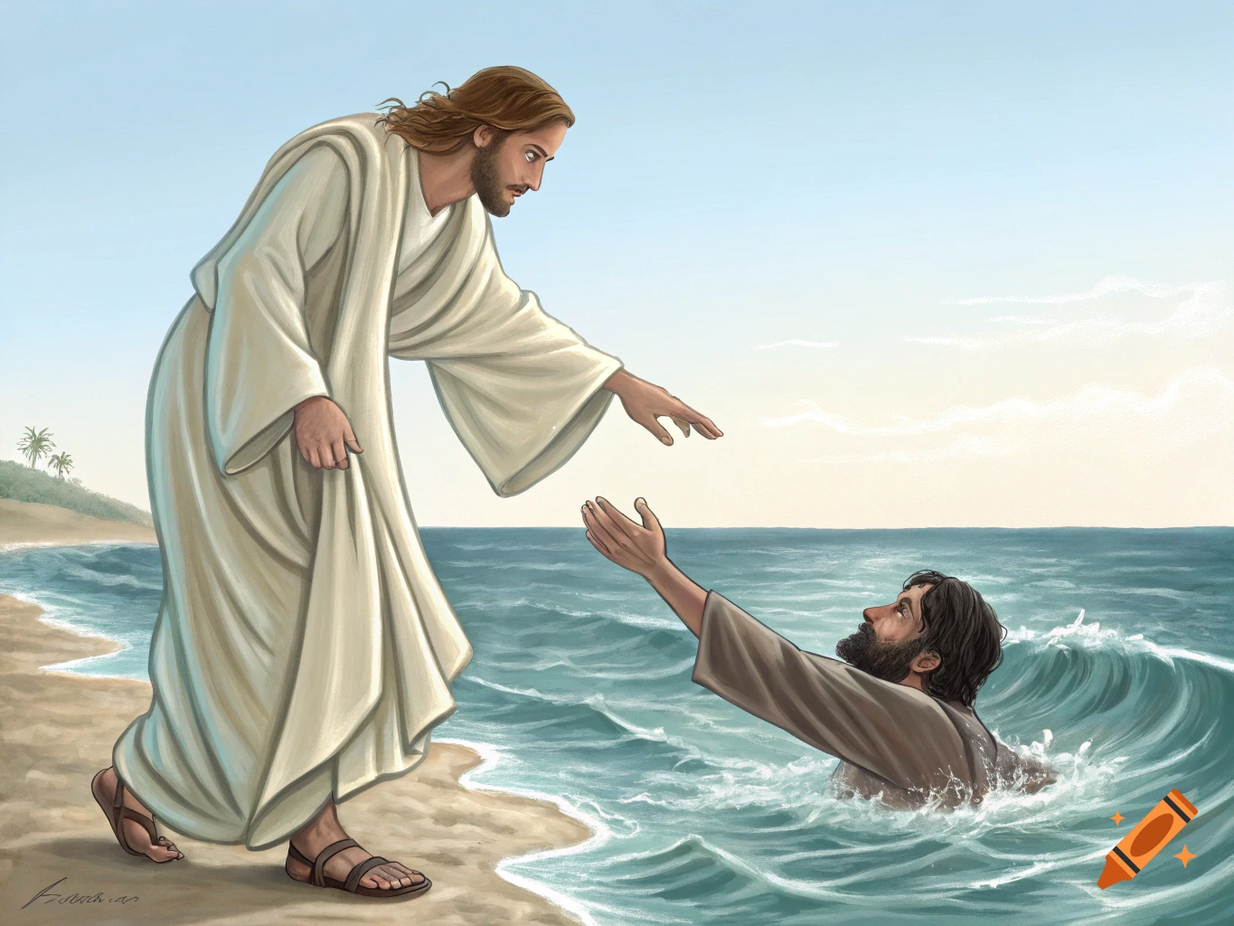 Illustration of Jesus on a beach reaching out to a man struggling in rough ocean water.