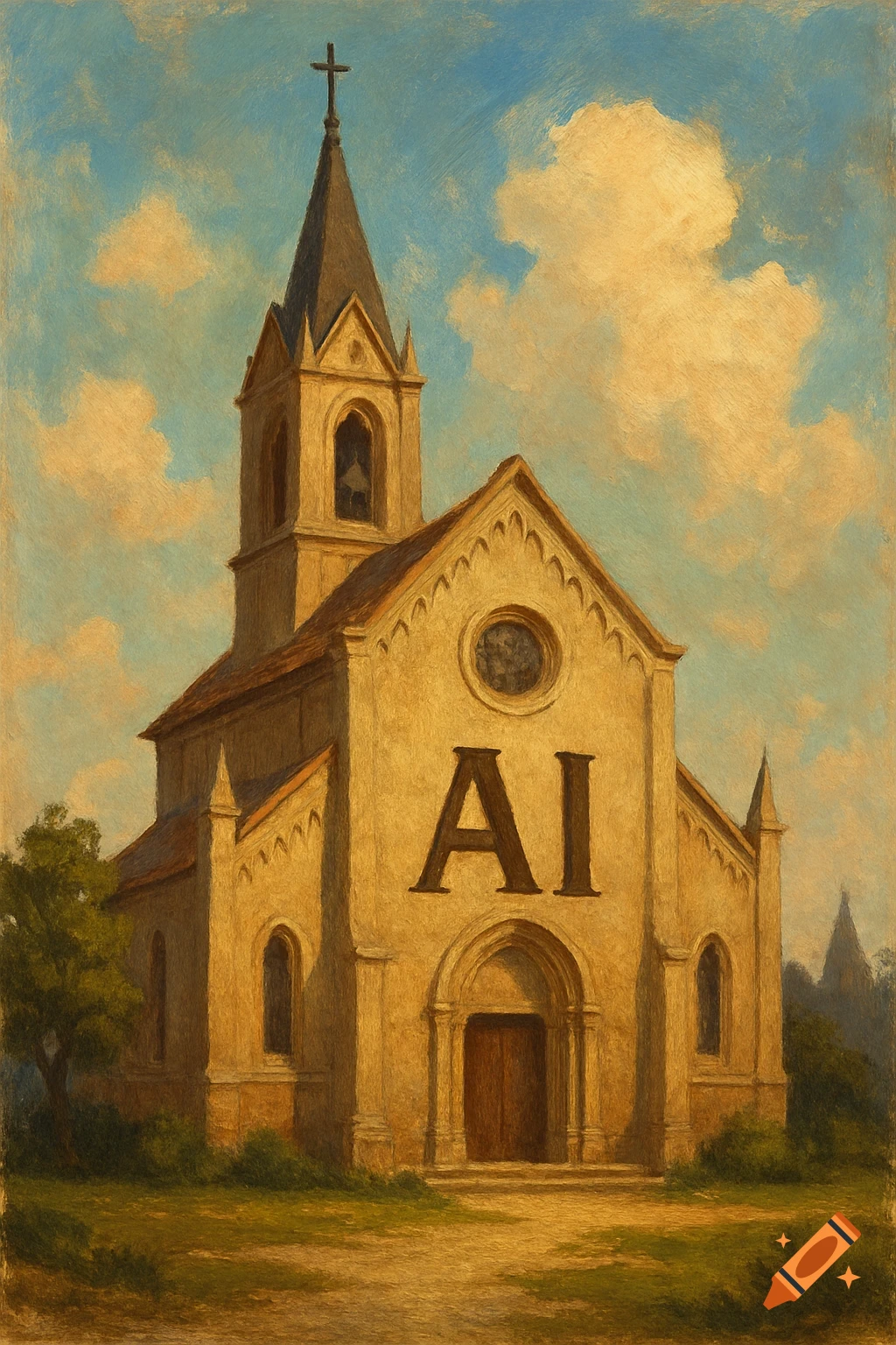 A painting of a church with the letters AI on the front wall, under a cloudy sky.