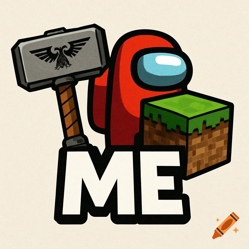 Cartoon logo with a red Among Us character, Warhammer hammer, Minecraft block, and the text ME