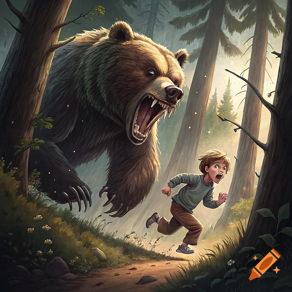 A large bear chases a small boy through a dark forest.