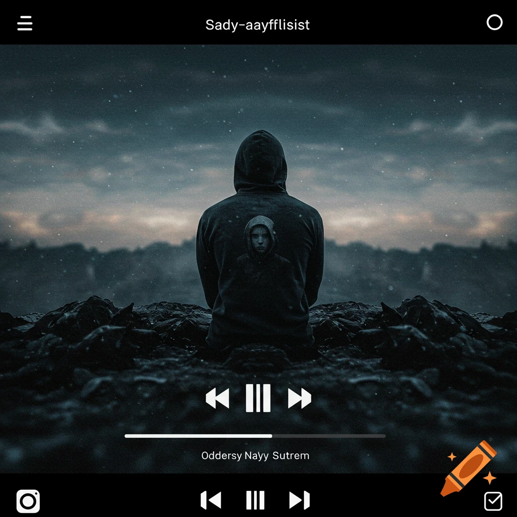 A person in a hoodie sits on rocks, back to camera, looking out at a stormy sky. A face is on the back of the hoodie.