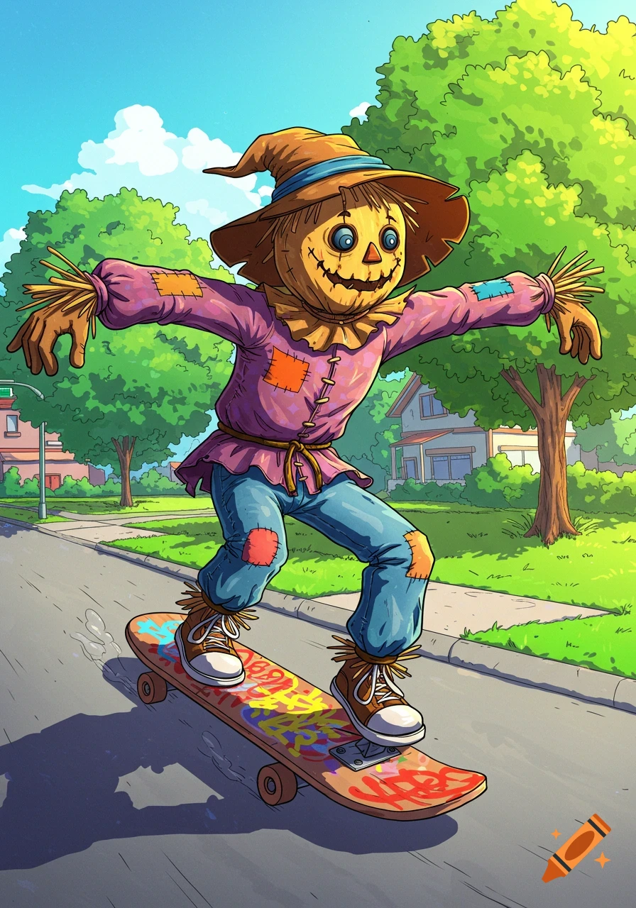 Cartoon illustration of a scarecrow skateboarding down a suburban street.
