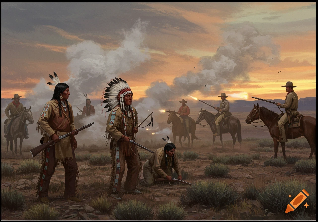 Painting of Native Americans and cowboys shooting rifles in a field at sunset.