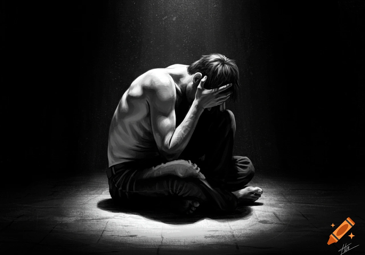 Monochrome graphite drawing of a man sitting, bent over with face in hands, lit from above.