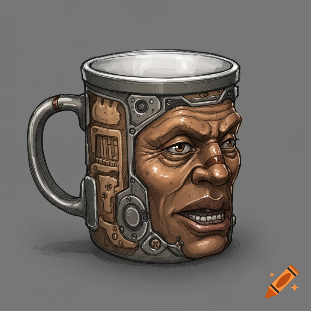 Illustration of a coffee mug with a stylized mechanical face design.