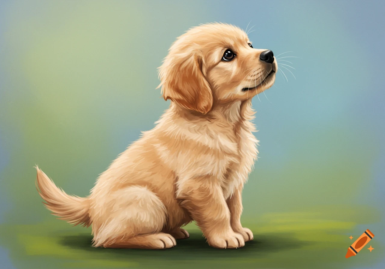 A cute golden retriever puppy sits and looks up in a digital painting style.