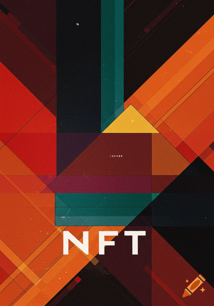 Abstract geometric art in orange, red, teal, and black with the text NFT.