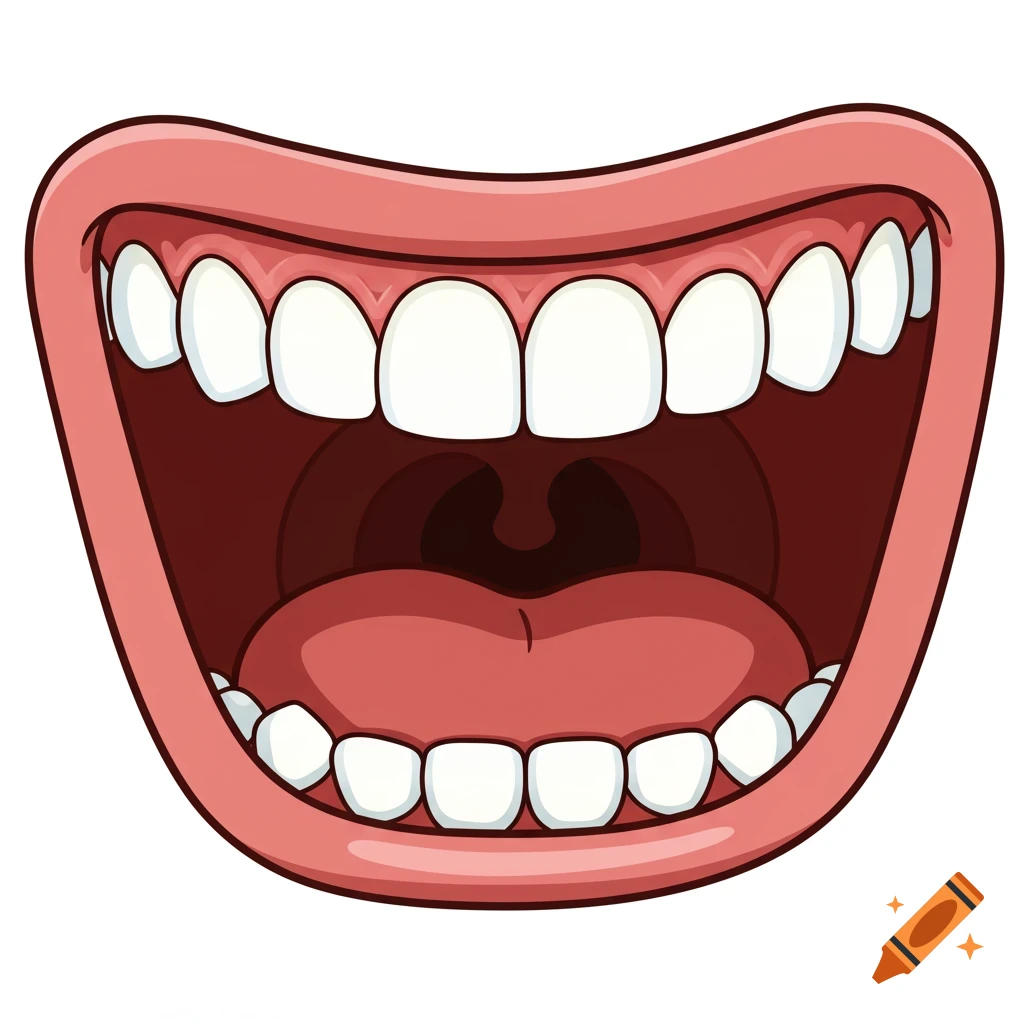 Cartoon illustration of a wide open mouth with teeth and tongue. on Craiyon
