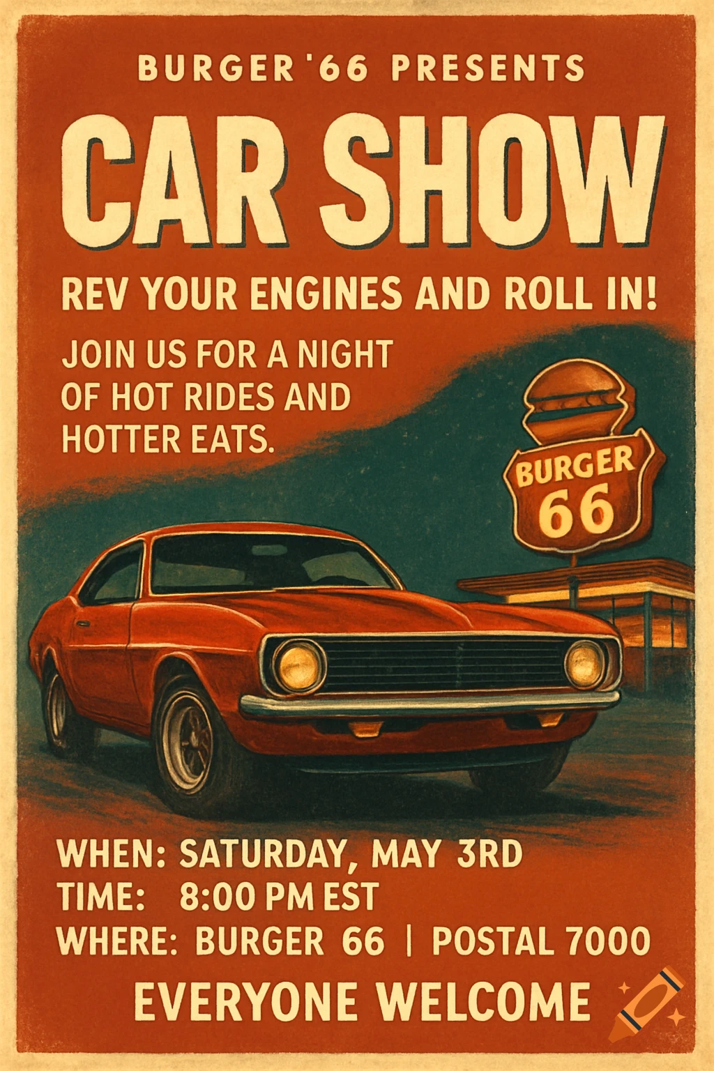 Retro style poster advertising a Burger '66 car show with a red classic car and text.