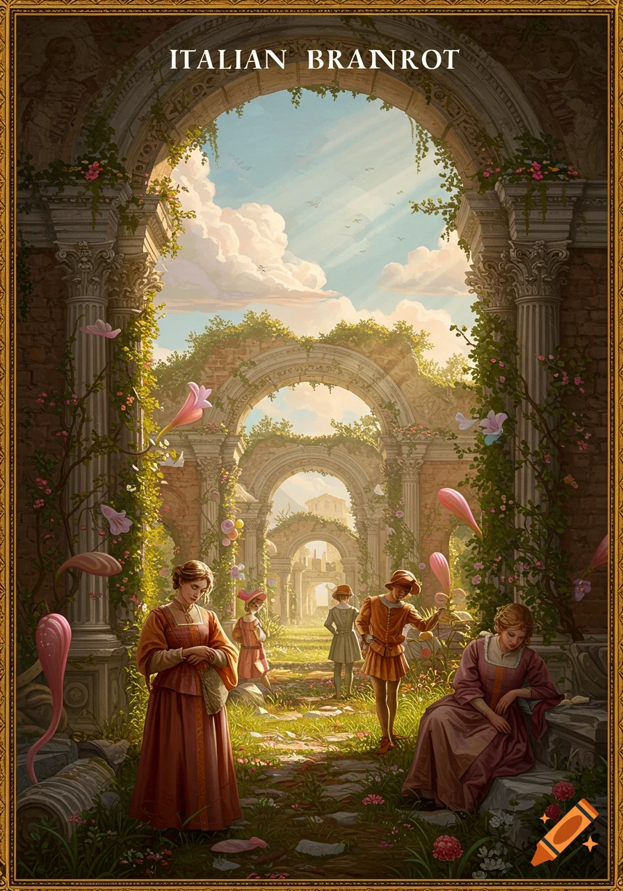 Painterly illustration of people in historical clothing in a ruined overgrown garden.