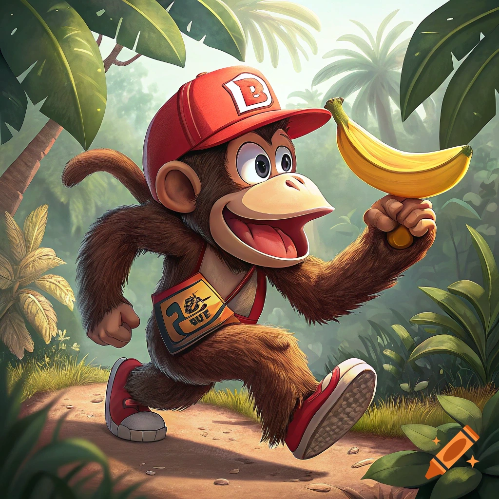 Cartoon monkey in a red cap runs through a jungle holding a banana.