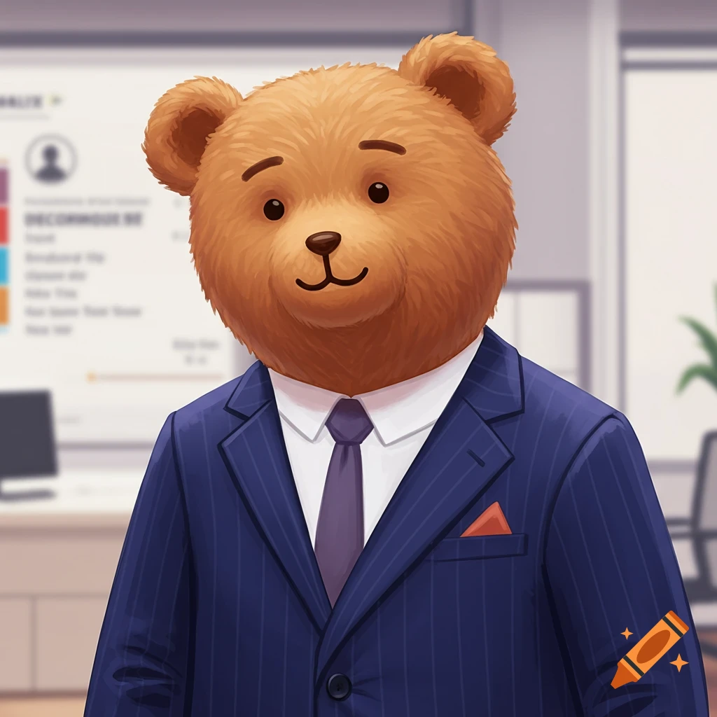 Fuzzy teddy bear avatar wearing a pinstripe suit, white shirt, and purple tie in an office setting.