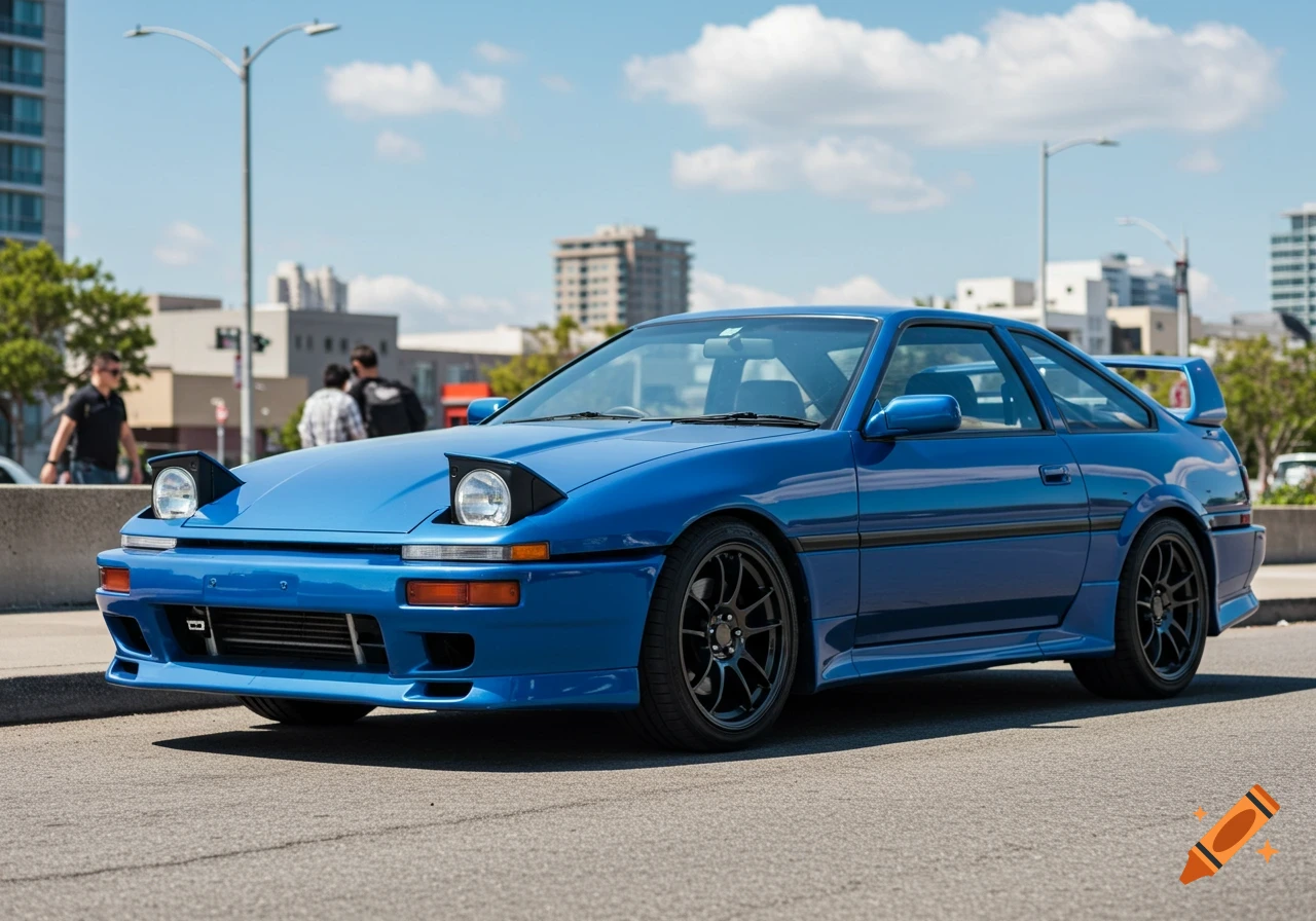 A bright blue sports car with pop-up headlights parked on a sunny urban street.