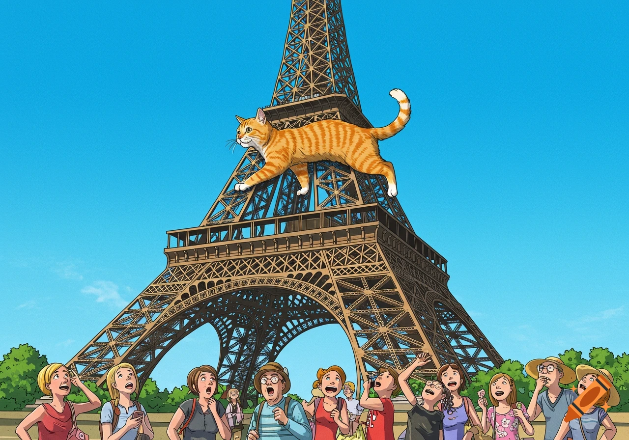 A giant ginger cat climbs the Eiffel Tower as surprised tourists watch below in an illustration.