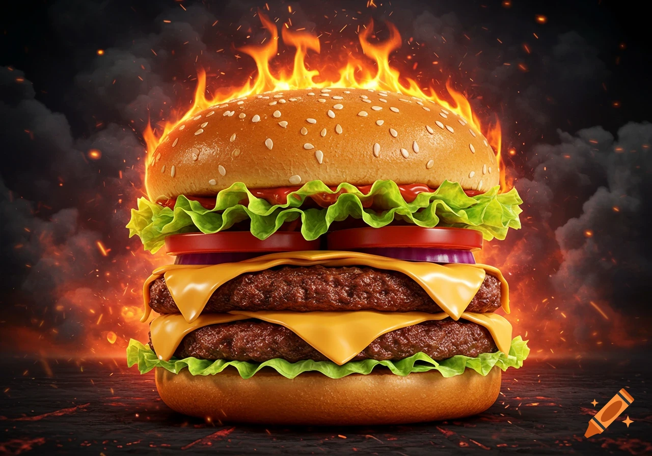 A double cheeseburger sits on a dark surface, engulfed in flames with smoke in the background.