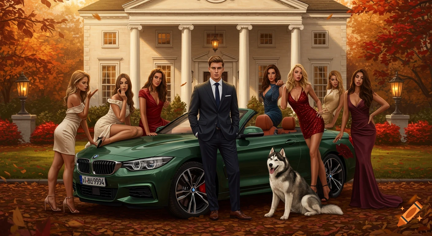 A glamorous scene with a man, women, and a dog standing by a green convertible in front of a mansion during autumn.
