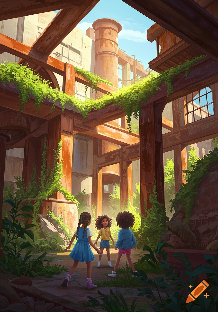 Three girls stand in the sunlit, vine-covered ruins of an old building.