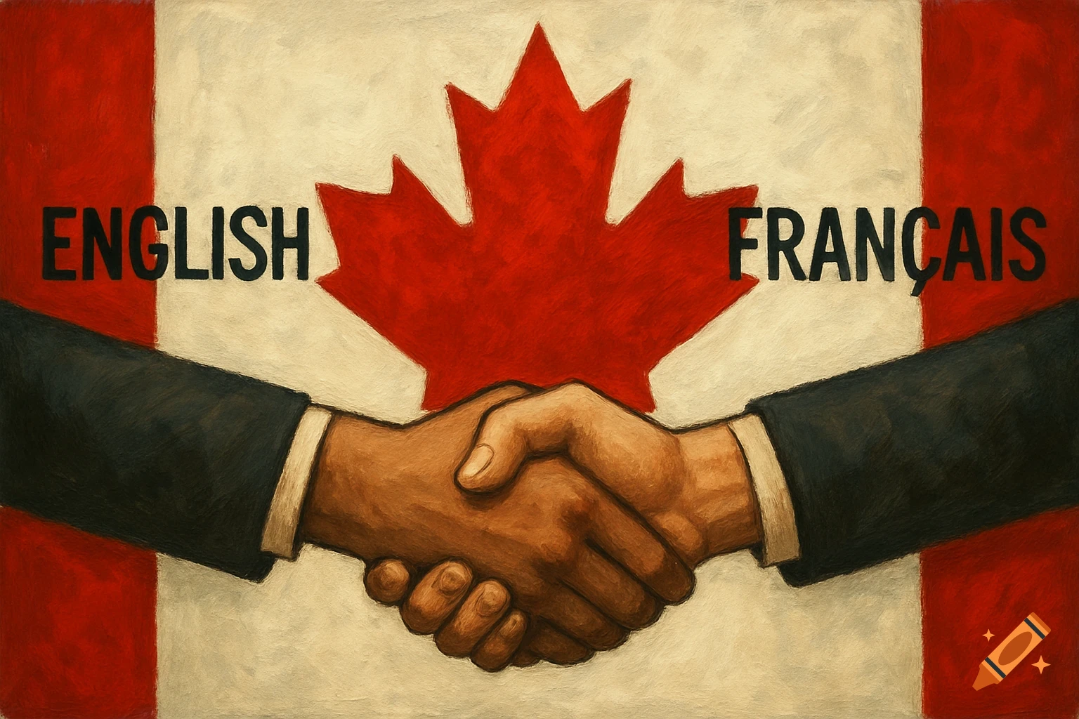 Painting of the Canadian flag split, with a handshake at the center and text "English" and "Fran R çais" on each side.