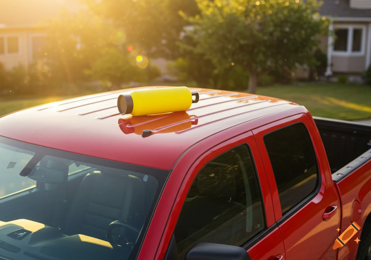 A yellow water bottle sits on the roof of a red pickup truck under sunlight.