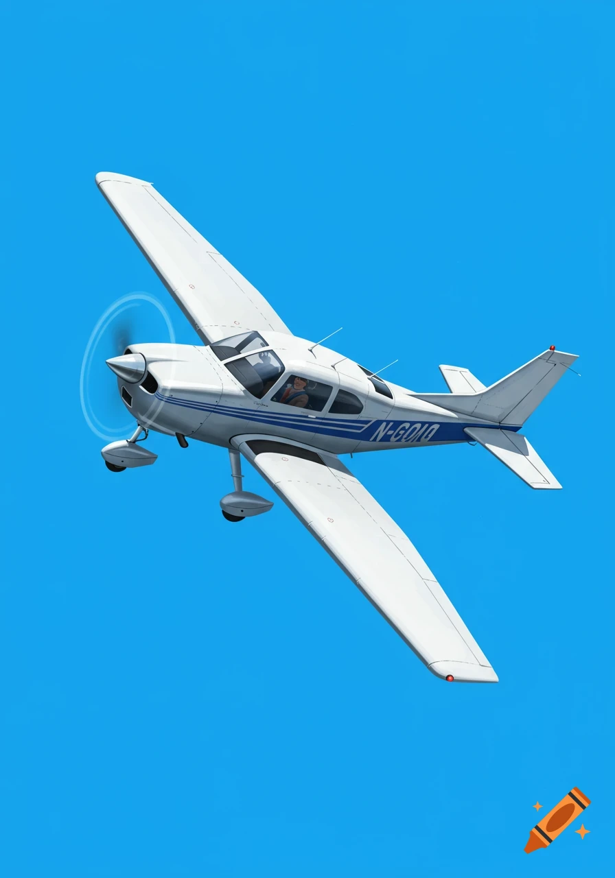 A white small airplane flies against a bright blue sky.