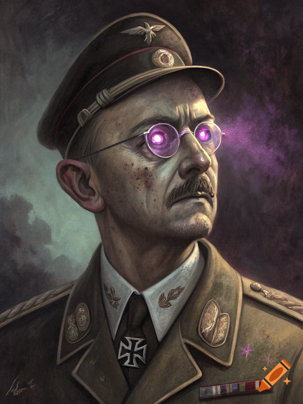 Oil painting portrait of a zombified man in military uniform with glowing purple eyes.