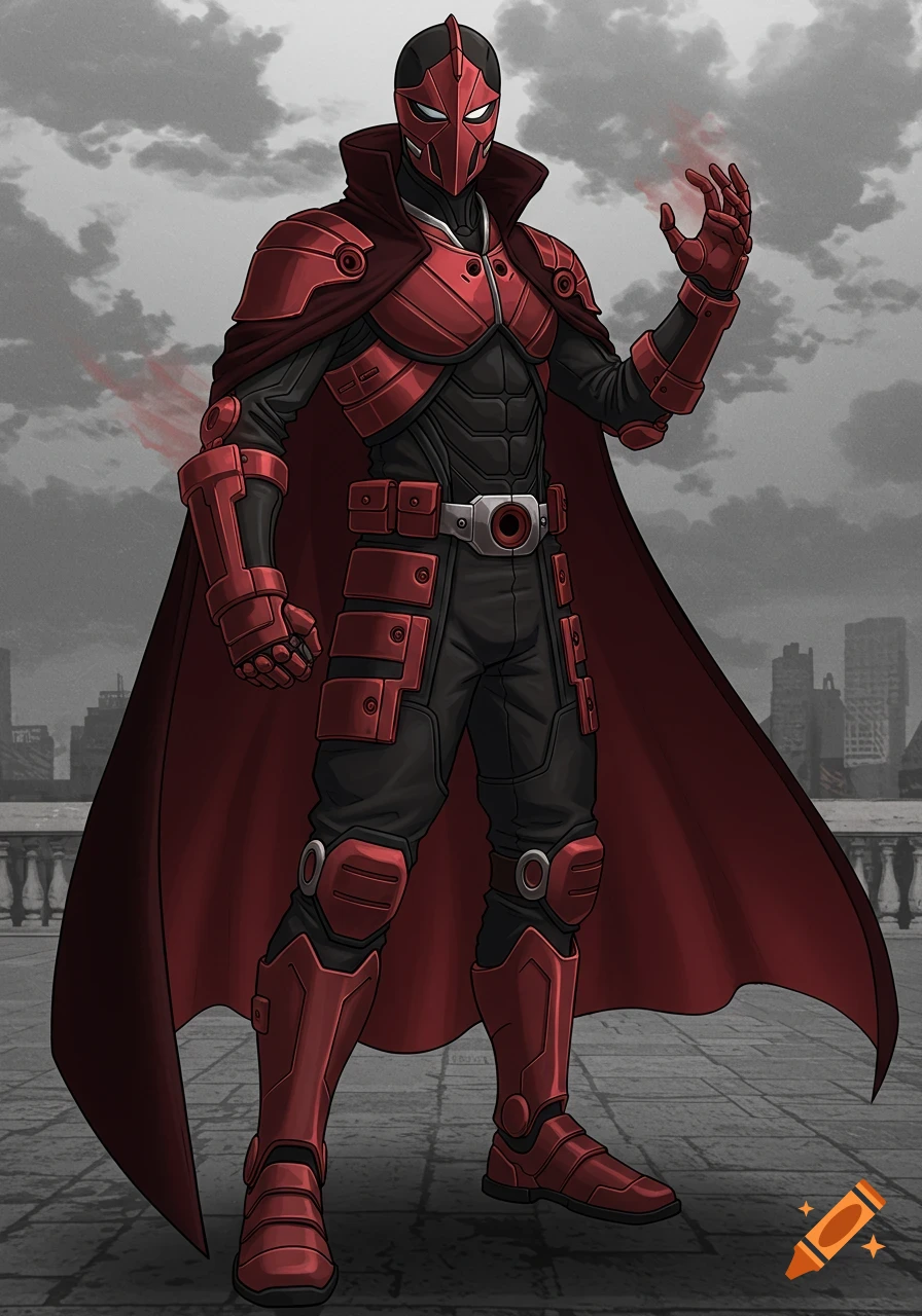 An illustration of a superhero in a red and black armored costume with a mask and cape, standing with a raised hand.