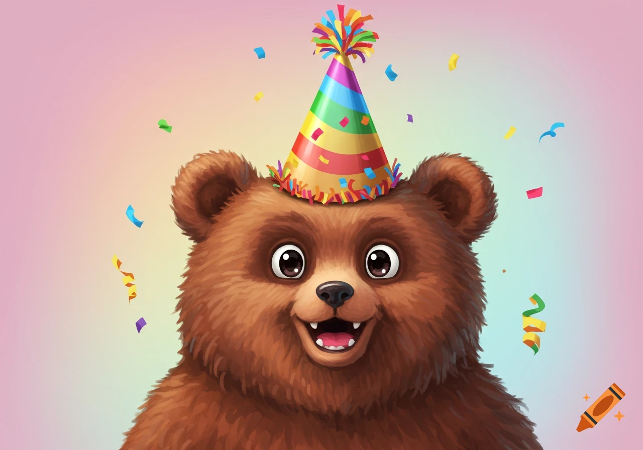 A cartoon bear wearing a rainbow party hat, smiling with confetti falling around it.