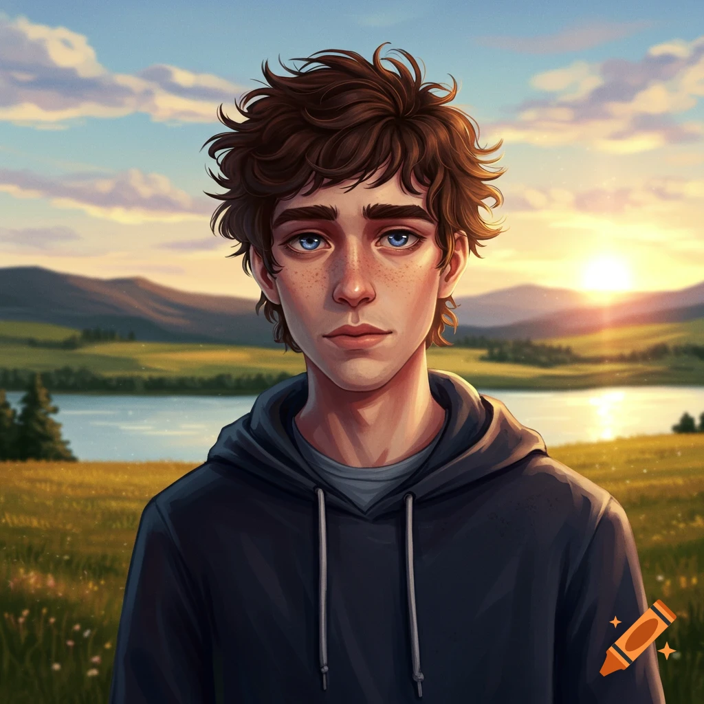 A portrait of a young man with curly brown hair and blue eyes, wearing ...