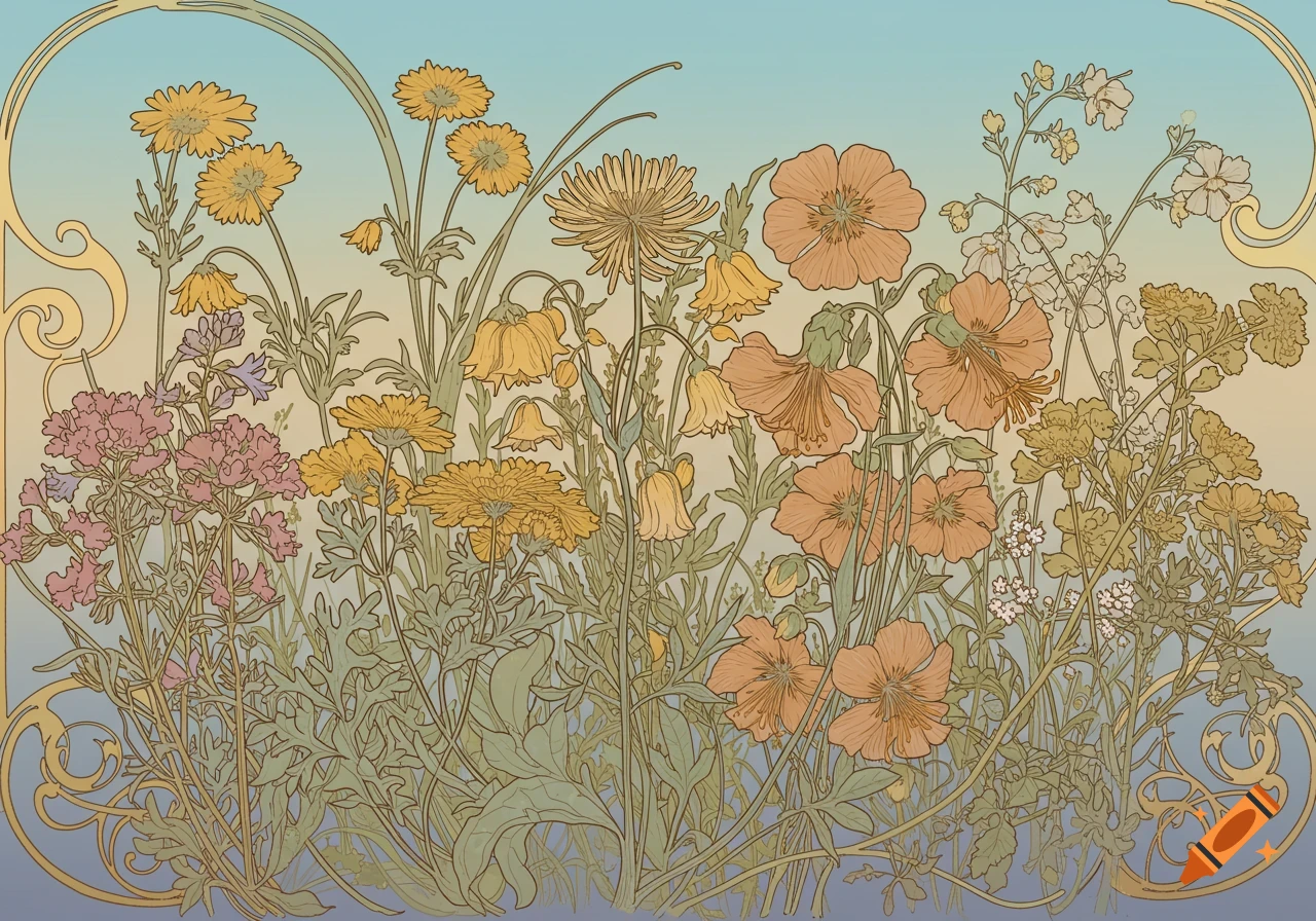 Art Nouveau field of wildflowers with gold outlines.