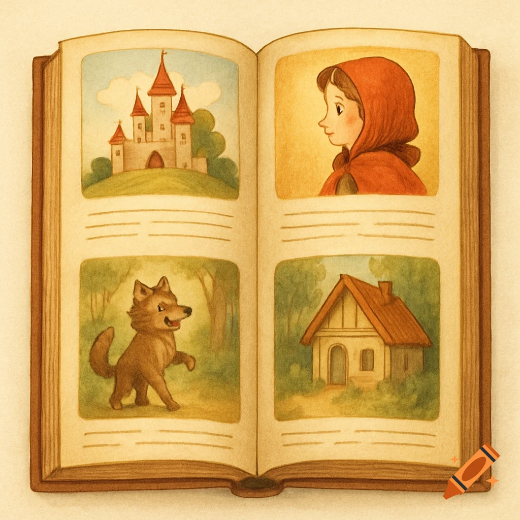 An open storybook shows watercolor illustrations of a castle, Little Red Riding Hood, a wolf, and a house.
