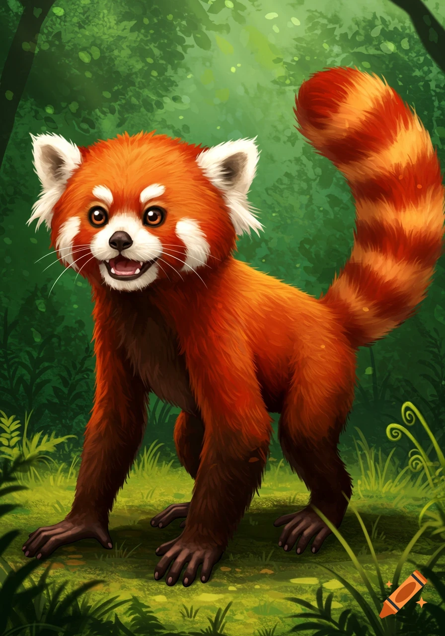 Cartoon illustration of a red panda and monkey hybrid creature in a forest.