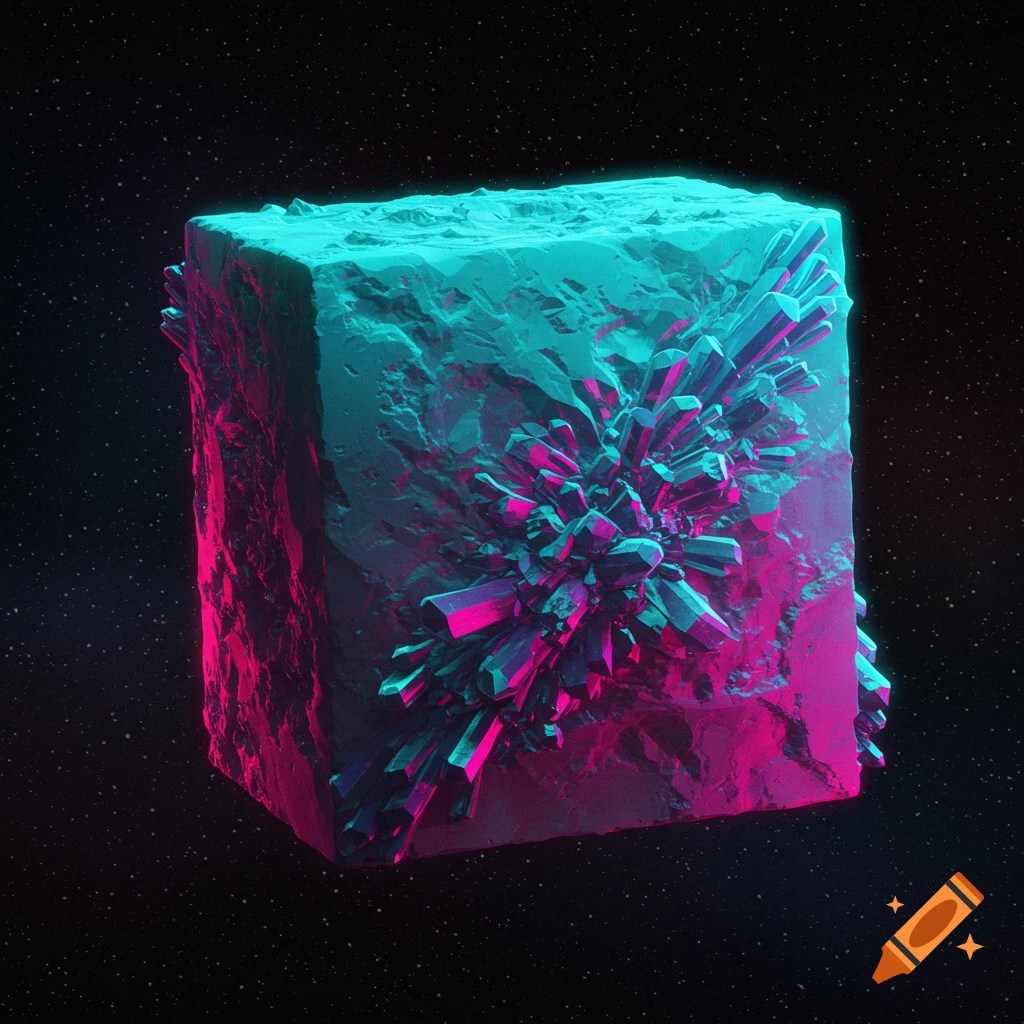 A textured cube covered in glowing pink and blue crystals floating in space.