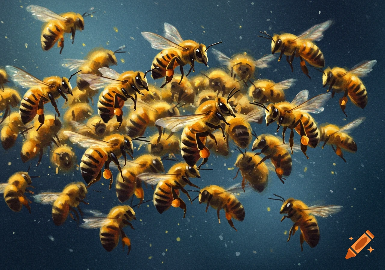 A swarm of bees flying against a dark background in a painted style.