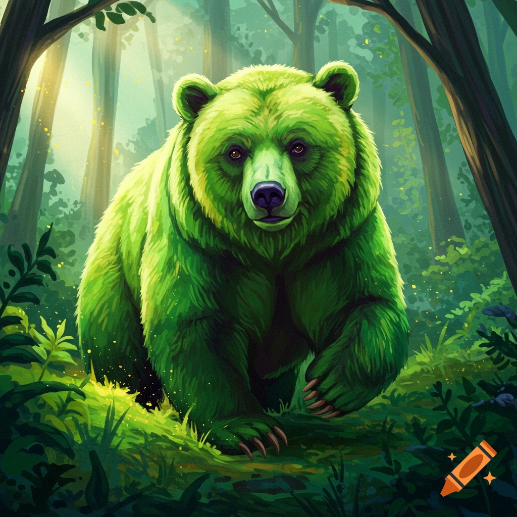 A bright green bear walks through a lush, sunlit forest.