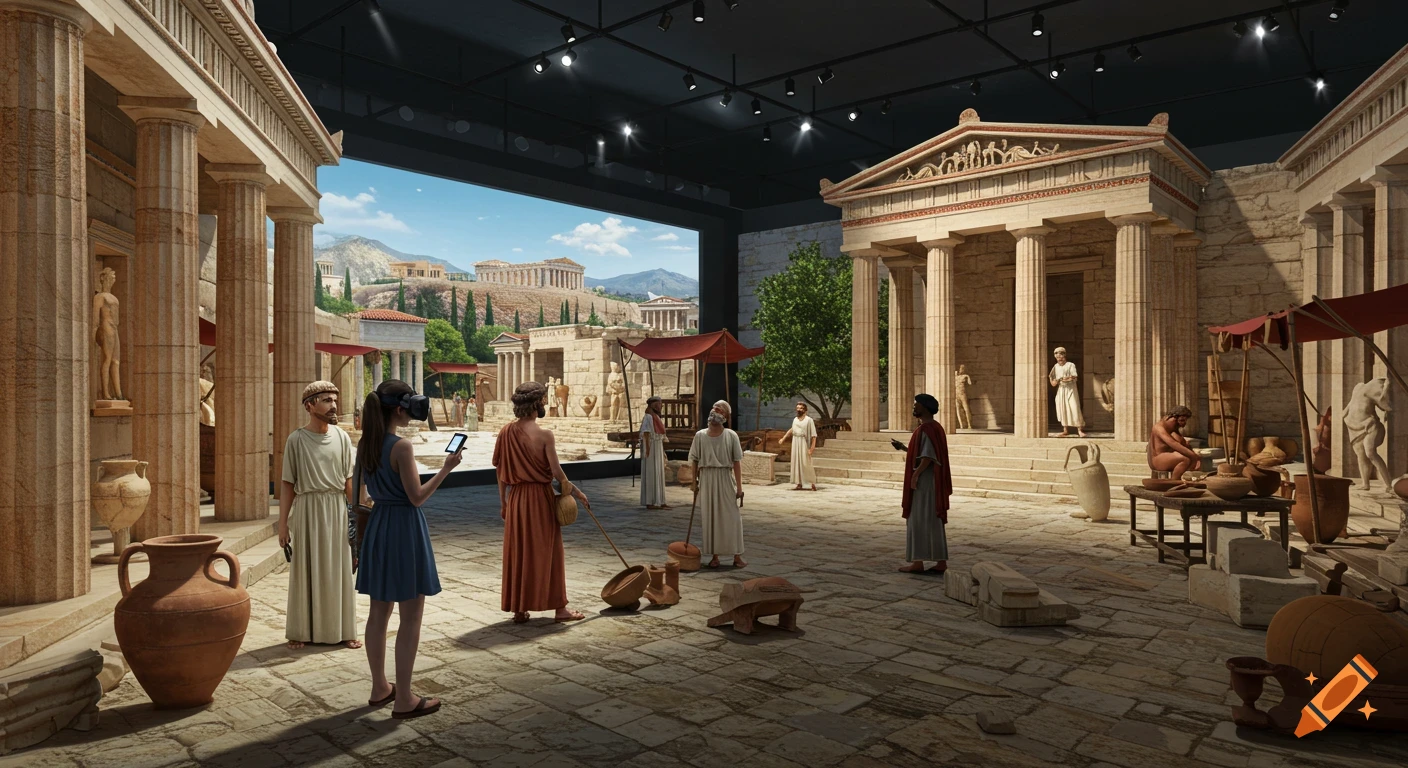 People in a museum exhibit featuring ancient Greek architecture and a VR experience.