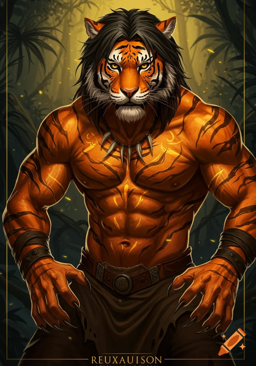 Muscular fantasy tiger man in a jungle setting