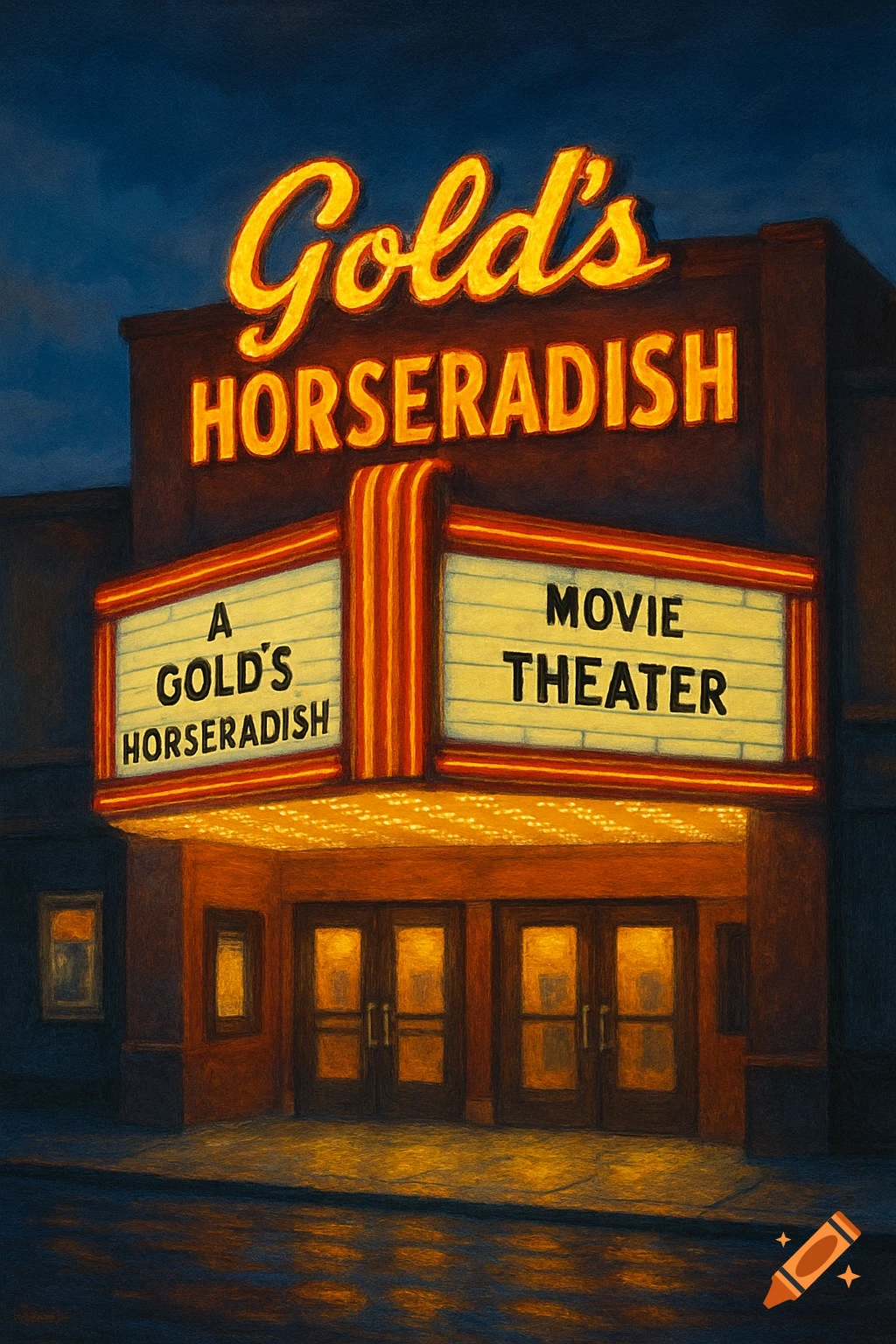 Painting of a movie theater marquee lit up at dusk with text Gold's Horseradish.