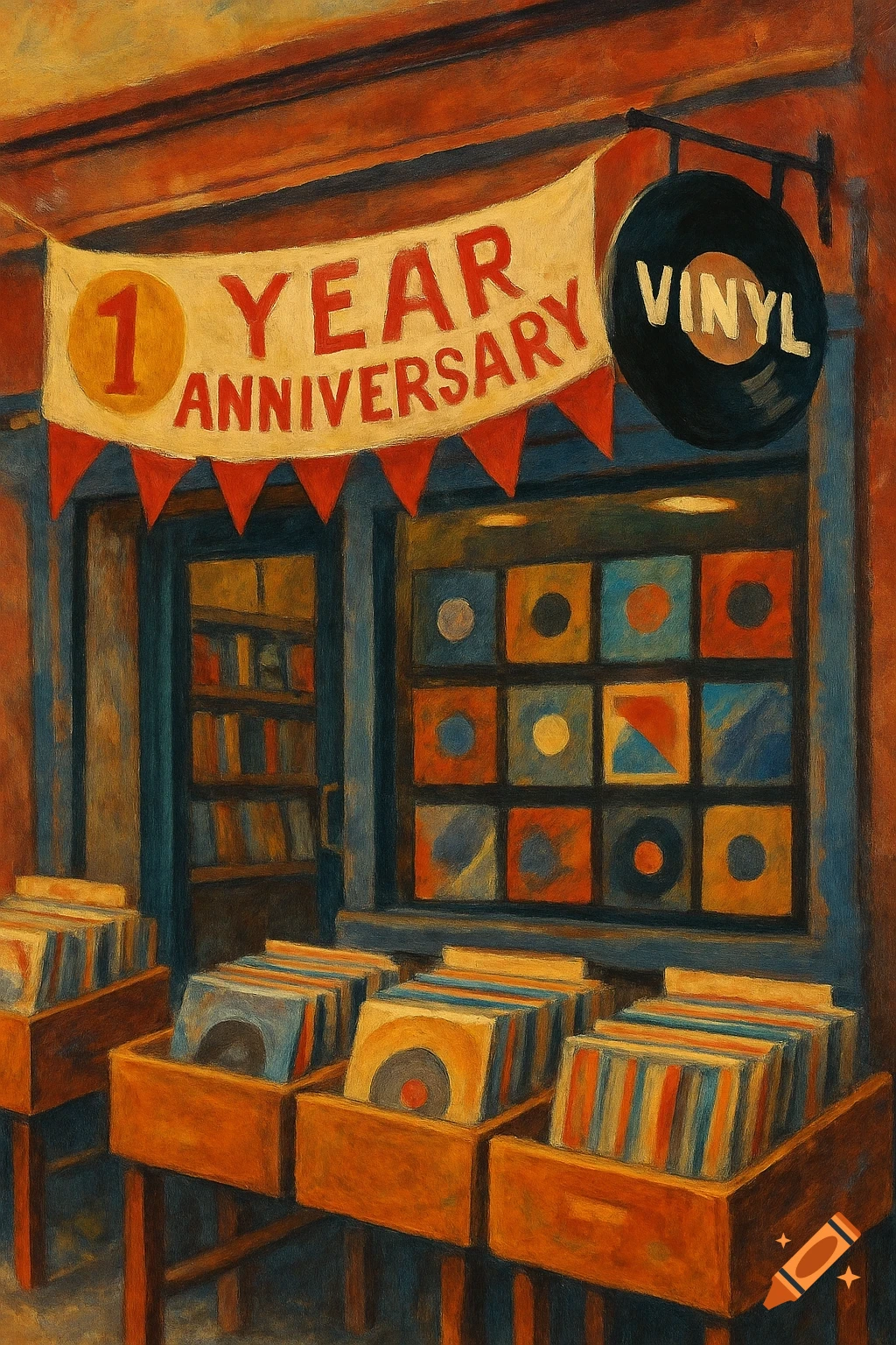 Painting of a vinyl record shop storefront with a "1 Year Anniversary" banner and records displayed outside.