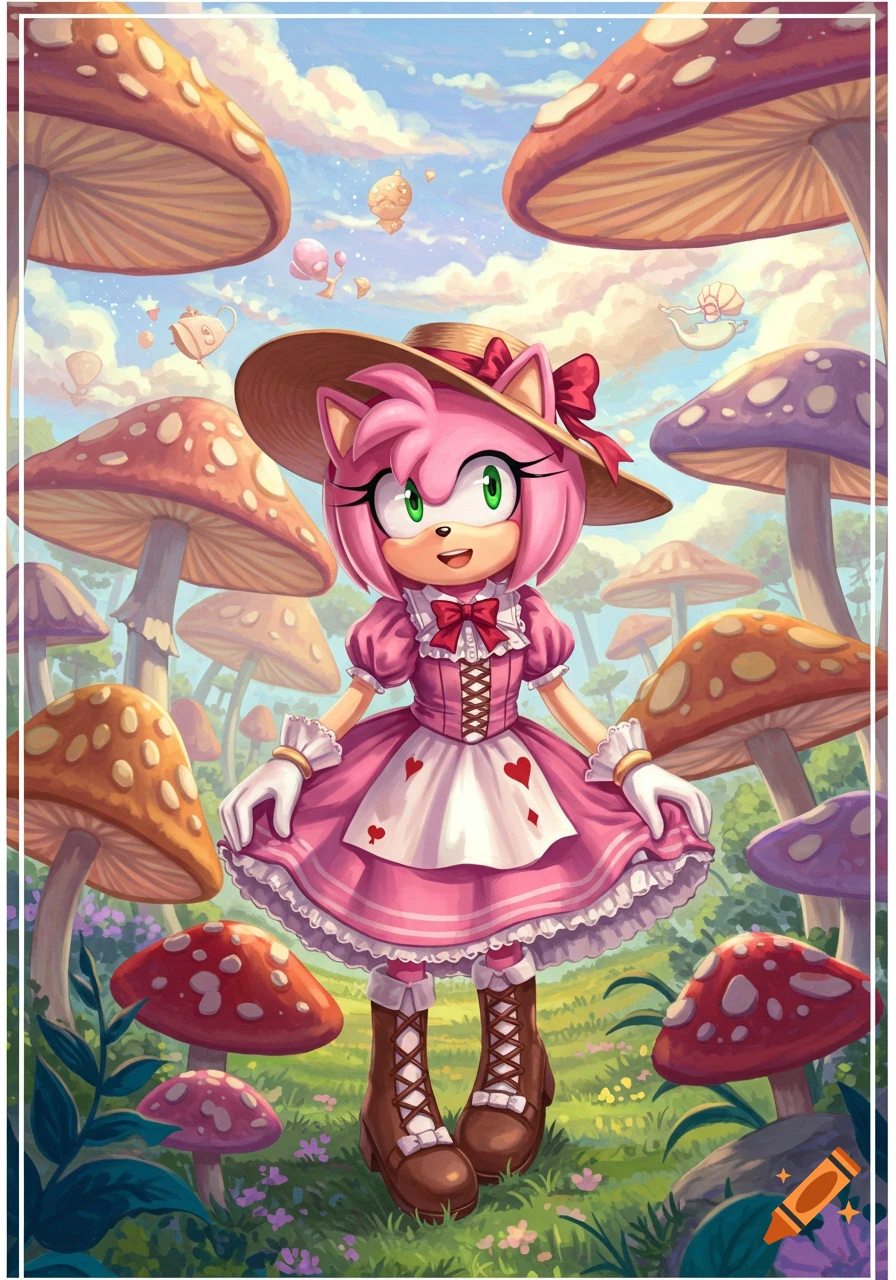 Amy Rose in a pink Alice in Wonderland dress in a mushroom forest