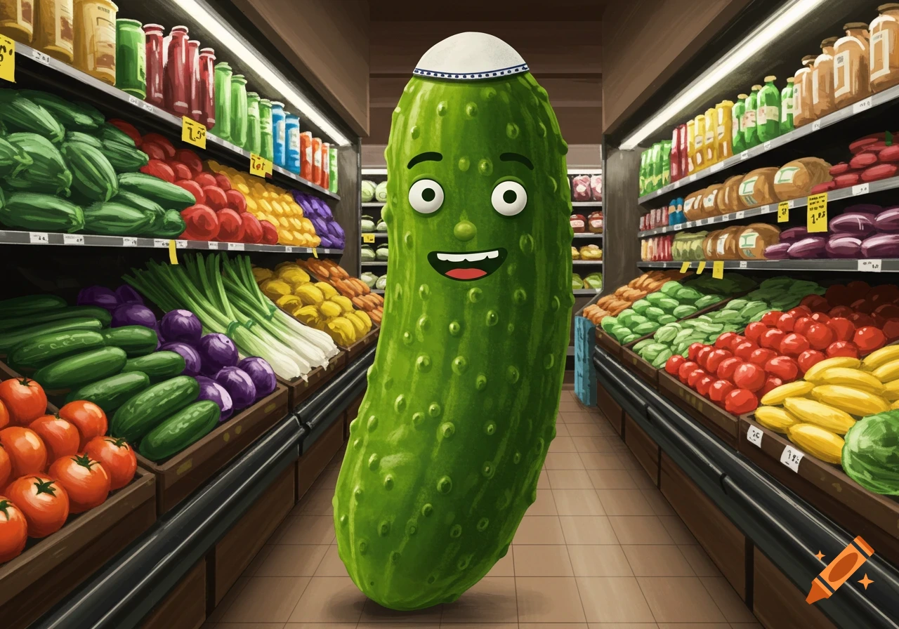 Cartoon pickle wearing a kippah and smiling in a grocery store aisle.
