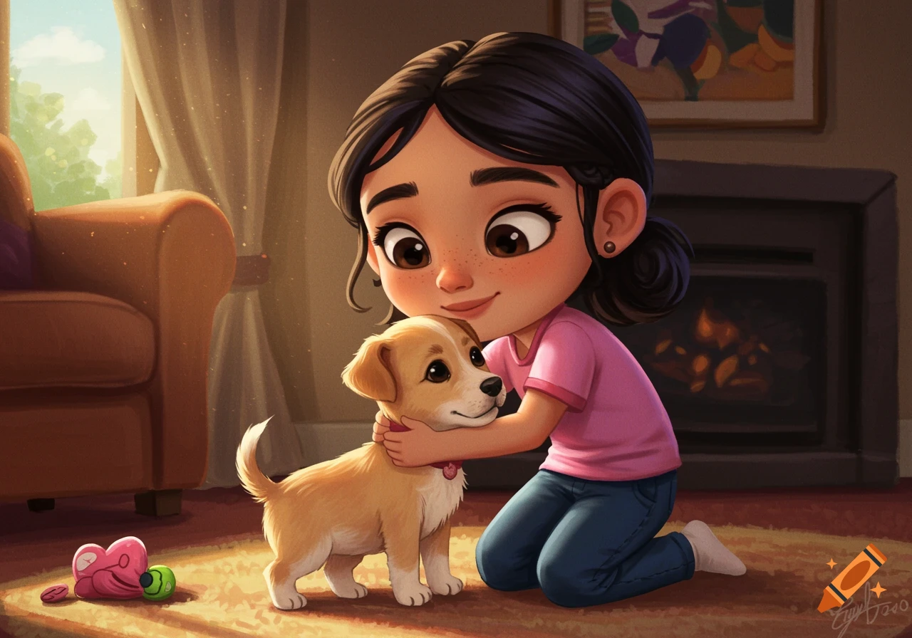 A young girl kneels in a cozy living room, hugging a small puppy. Illustrated in a charming, warm style.