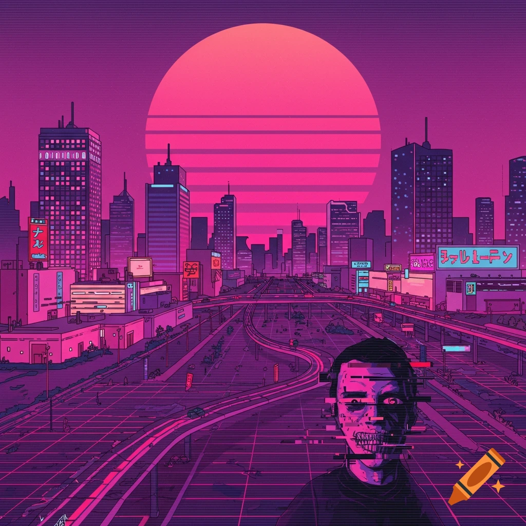 Vector vaporwave cityscape with highway and glitchy horror figure