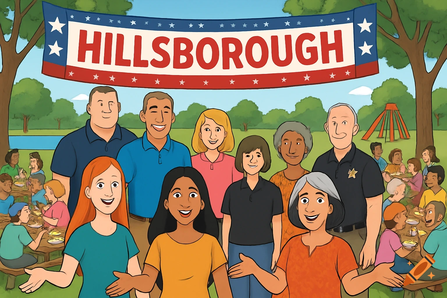 Cartoon of a diverse group of people at a park picnic with a "Hillsborough" banner.