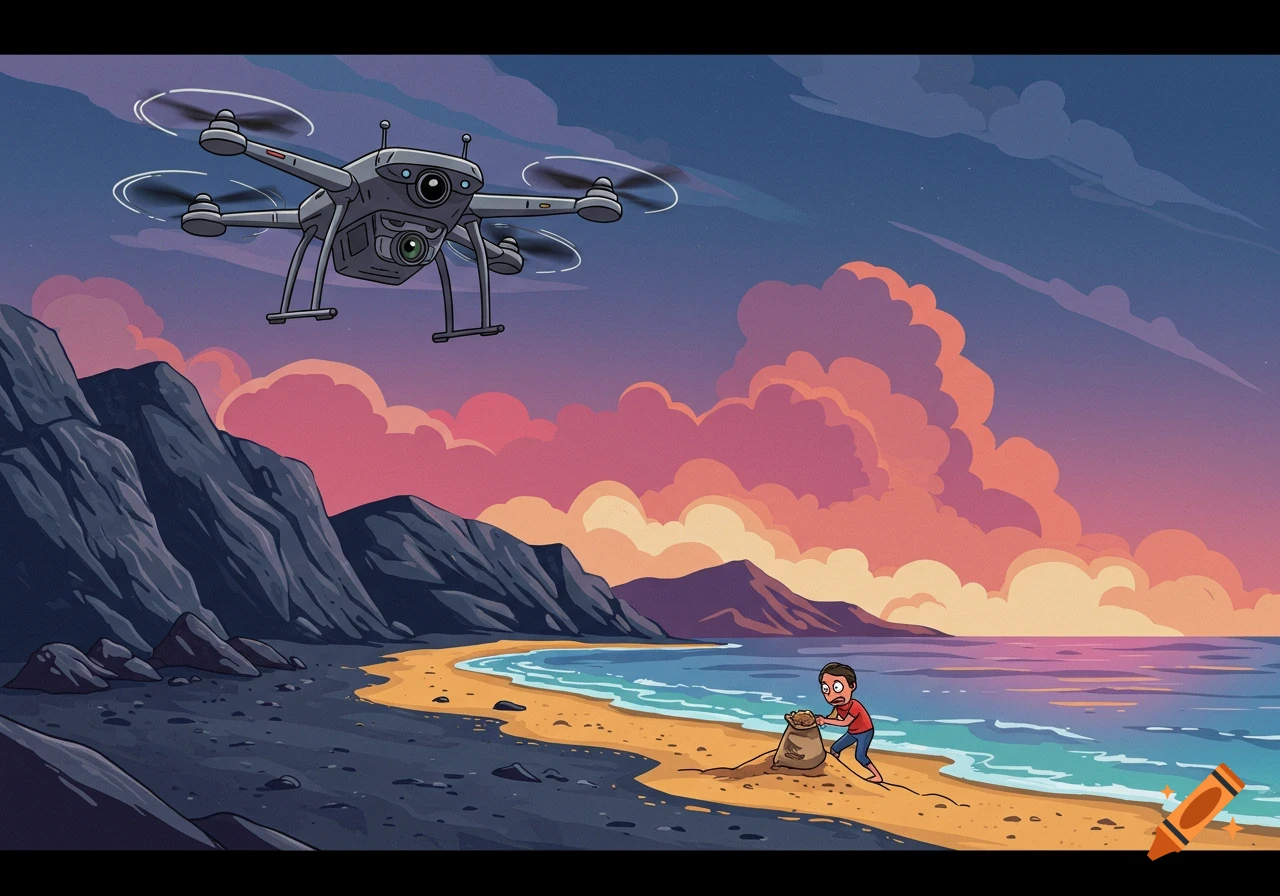 A cartoon surveillance drone flies over a stylized beach at sunset, watching a person stealing sand.