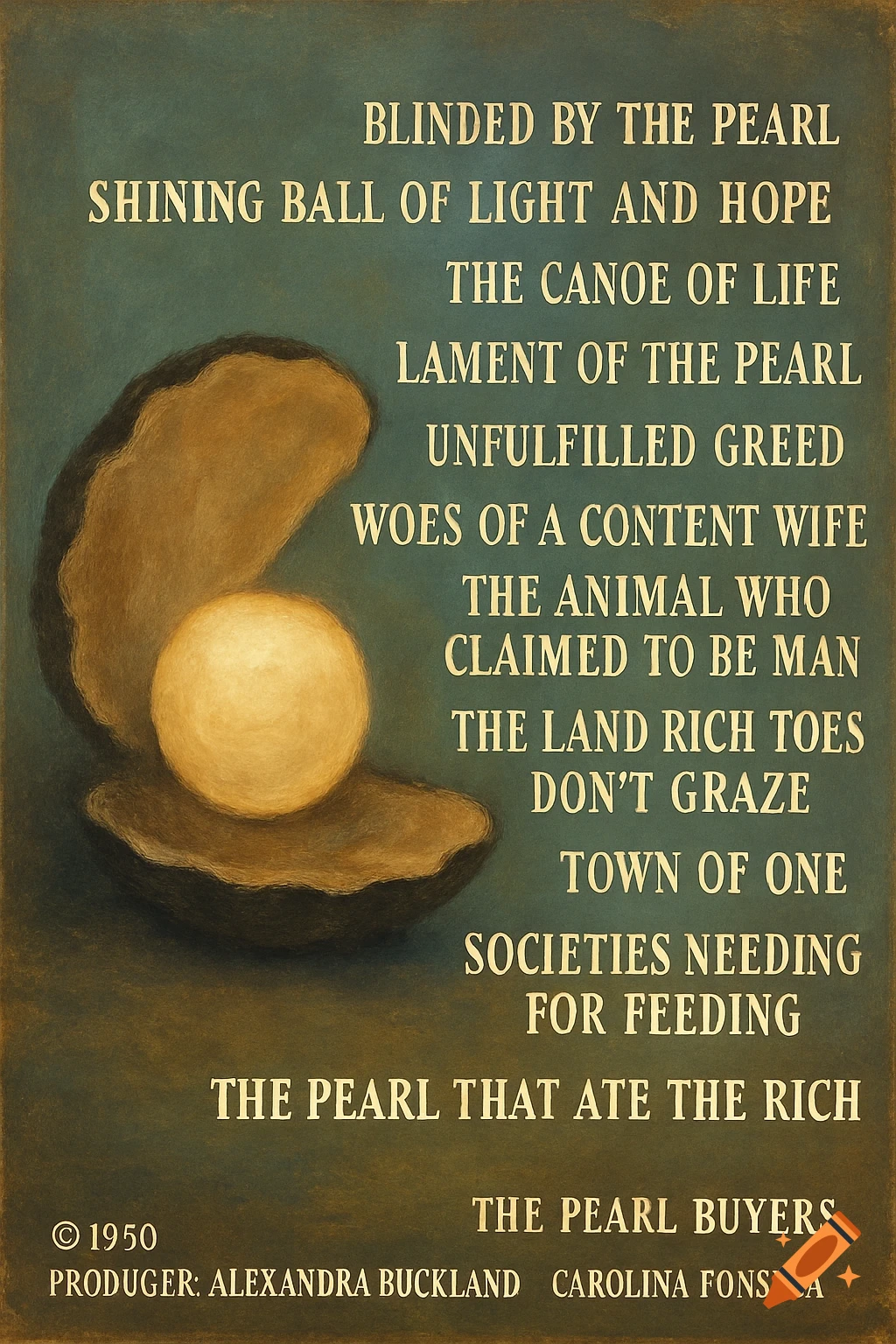 A pearl sits in an open oyster shell with text overlay, styled like an album cover.
